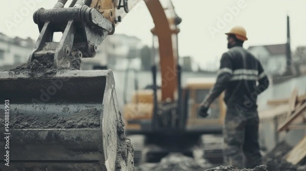 Fototapeta A construction worker operating an excavator at a building site. Featuring coordination and control