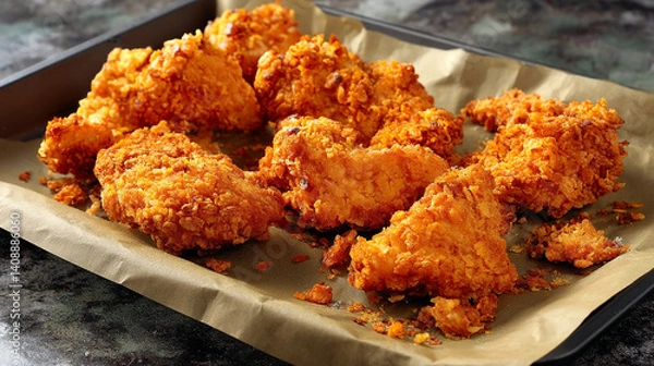 Obraz Crispy fried chicken on paper-lined tray with crumbs scattered