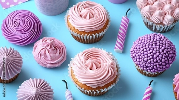 Obraz Assorted pastel cupcakes with swirl and decorative frosting, candles, on a blue background