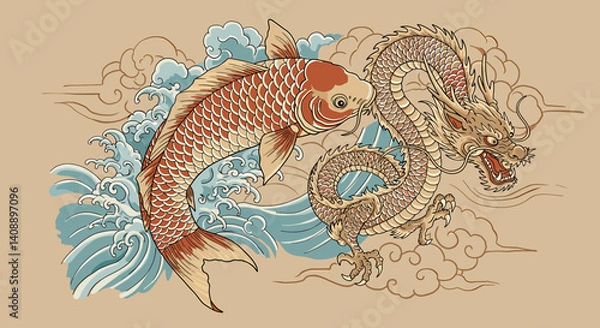 Obraz Koi and Dragon Harmony