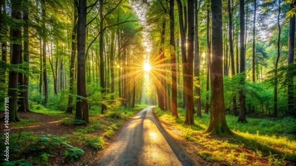 Fototapeta Sunlit Path Through Forest Trees