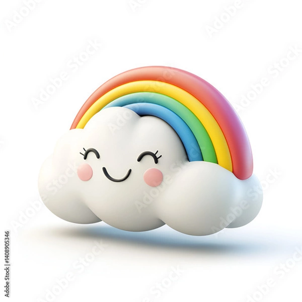 Fototapeta Smiling Cartoon Cloud with Rainbow on White Background