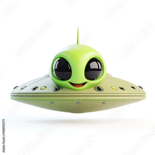 Fototapeta Cute Cartoon UFO with Smiling Face Isolated on White Background

