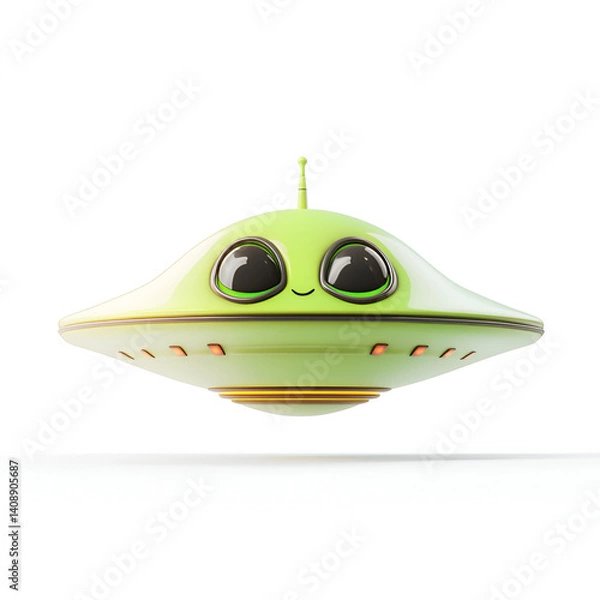 Fototapeta Cute Cartoon UFO with Smiling Face Isolated on White Background

