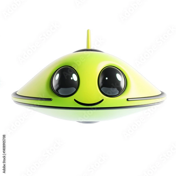 Fototapeta Cute Cartoon UFO with Smiling Face Isolated on White Background

