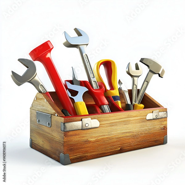 Fototapeta Cartoon Wooden Toolbox Filled with Colorful Hand Tools Isolated on White Background

