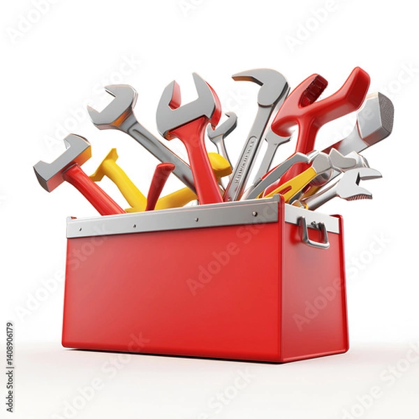 Fototapeta Cartoon Wooden Toolbox Filled with Colorful Hand Tools Isolated on White Background

