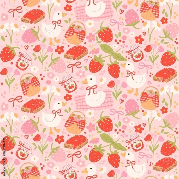 Fototapeta Strawberry Goose Seamless Pattern Cottage Core Spring Picnic Background 