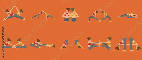 Fototapeta Flat vector illustration of two women doing partner yoga poses in acro yoga style on an orange background. Minimal and colorful design for wellness and fitness themes