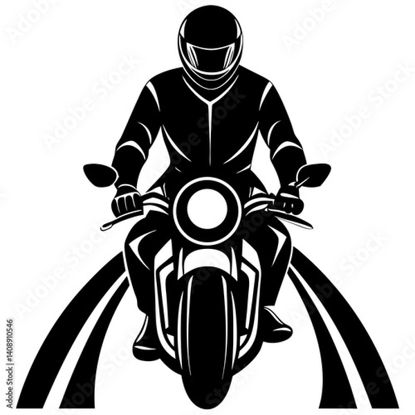 Fototapeta A silhouette of a motorcyclist riding on a highway, wearing a helmet