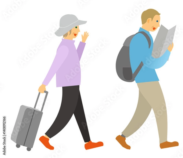 Fototapeta キャリーケースを持った旅行中の白人の観光客夫婦