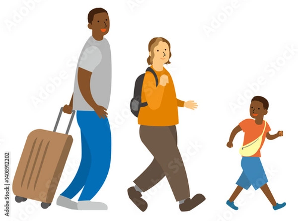 Fototapeta 旅行中の黒人、白人の夫婦と子供の観光客３人家族