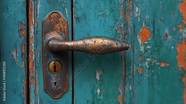 Obraz Aged teal door handle with worn, rustic details.