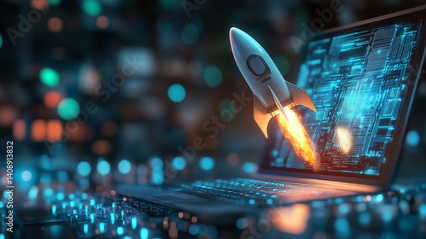 Obraz ノートパソコンの画面から飛び出す幻想的なロケットの発射シーンスタートアップビジネス