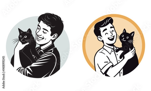 Fototapeta A man Holding a Cat,shieouette  icons of Smiling young man with a cat, pet in black colour.