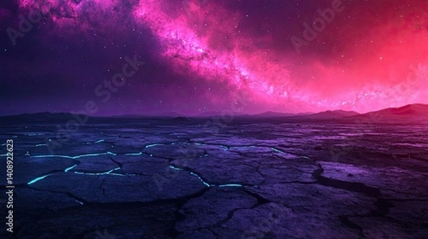 Fototapeta Landscape of alien planet among galaxy and mystical atmosphere concept. A stunning alien landscape under a colorful starry sky.