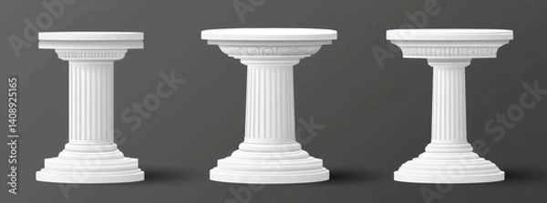Fototapeta Elegant White Pedestals Three Classical Styles for Display Purposes