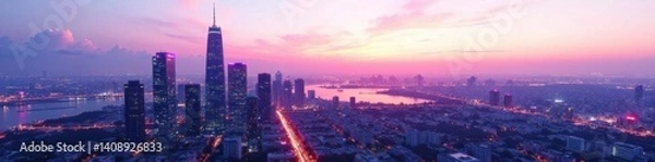 Fototapeta Futuristic cityscape at dusk with skyscrapers and neon lights reflecting off a white background,  architecture,  building,  modern