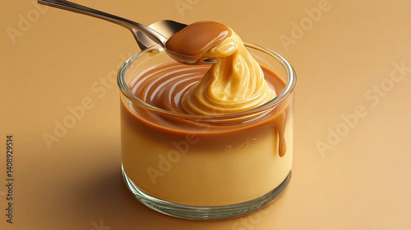 Fototapeta Custard pudding in a glass cup with a spoon scooping caramel