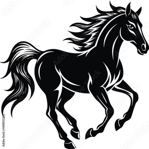 Fototapeta Black Stallion Running, Silhouette, Isolated on White Background, Elegant, Muscular, Bold