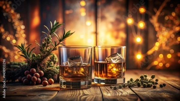 Obraz Whiskey Glasses with Ice on Wooden Table
