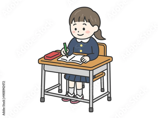 Obraz 学校の机で勉強する、小学生の女の子（線画カラー）のイラスト