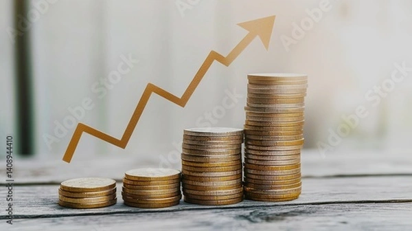 Fototapeta A stack of coins with upward arrows and graphs, symbolizing financial growth and rising stock prices.  