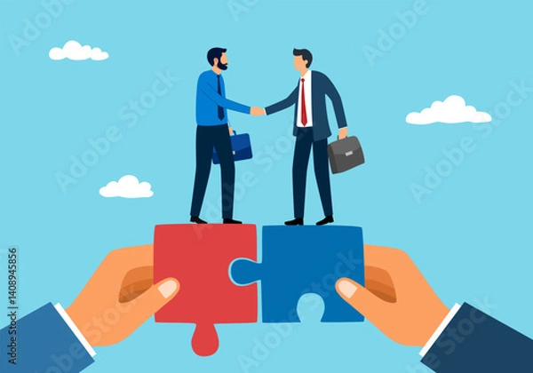 Fototapeta Partnership, teamwork or collaboration to success, solve jigsaw puzzle together, agreement or solution to win corporate trust, cooperation concept, businessman handshake connect jigsaw together.