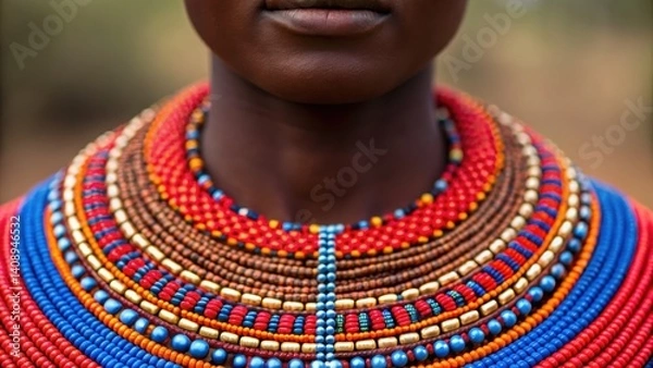 Fototapeta Vibrant close-up of a person adorned with colorful traditional bead jewelry, showcasing intricate patterns and rich cultural expression.