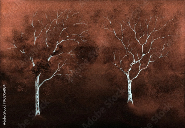 Obraz Dark brown desert Nature landscape. Old dry trees in a sandstorm in the desert . Watercolor painting on textured paper.