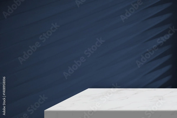 Fototapeta White Marble Table Corner with Light Beam, Shadow, and Light Beam from Blinded Window on the Blue Wallpaper Background