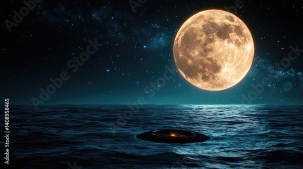 Fototapeta Landscape of alien planet with glowing oceanic and craters concept. A mysterious UFO above serene water under a glowing moon.