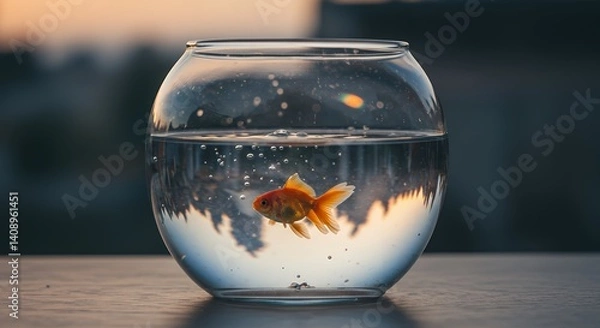 Fototapeta Goldfish Swimming Peacefully in Round Fishbowl on Wooden Surface