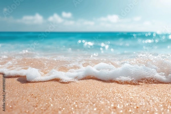 Fototapeta A wave approaches the beach under a clear blue sky, creating a serene coastal scene, Hello Summer background.