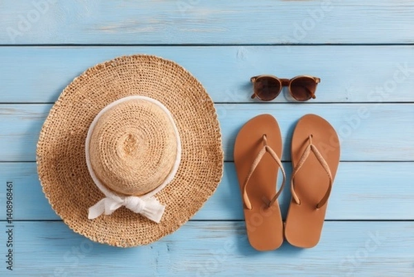 Fototapeta A close-up view of a hat, sunglasses, and flip flops on a vibrant background, Hello Summer background.