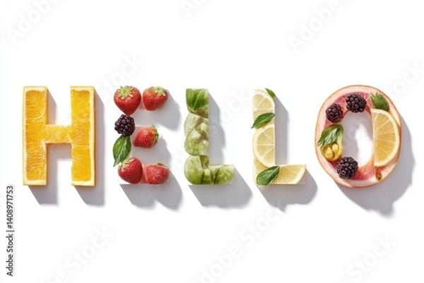 Fototapeta A colorful arrangement of fruits and vegetables forming letters in a playful design, Hello Summer background.