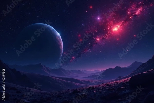 Fototapeta Mysterious dark space with glowing red and blue stars and a lone planet in the distance, galaxies, cosmos