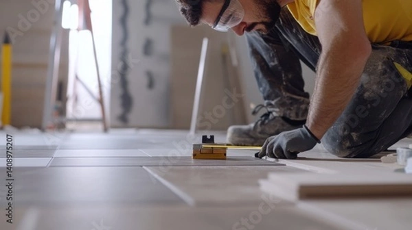 Fototapeta A construction worker using a laser level to align floor tiles. Featuring precision and care