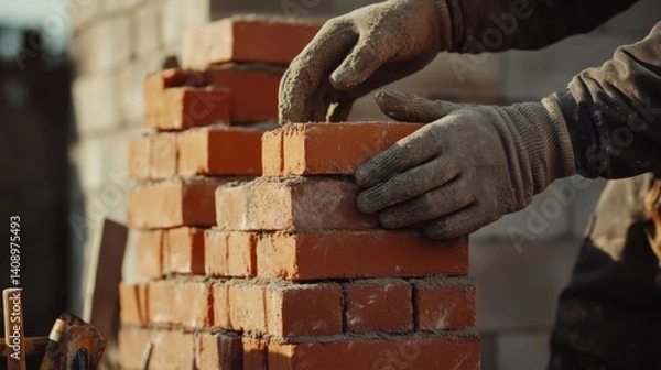 Obraz A construction worker stacking bricks for a wall. Featuring masonry and brick stacking