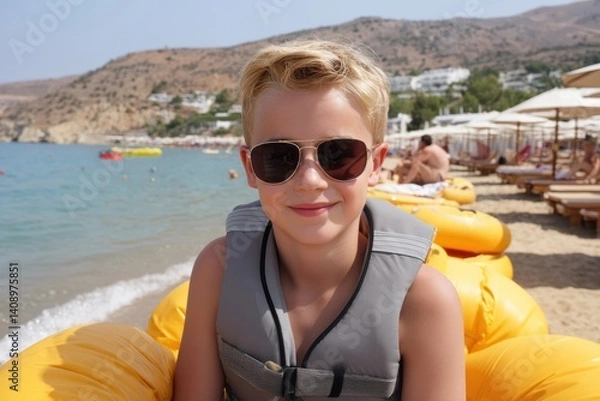 Fototapeta Blond boy in sunglasses relaxes on inflatable raft at the beach under the sun, Hello Summer background.