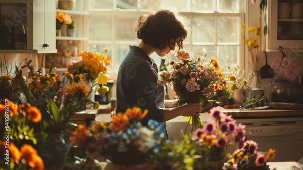 Fototapeta A picture depict about skillful artist arrange flower with elegant vase. Smart botanist group colorful floral blossoms create fresh scenery. Handmade art with natural style and creativity idea. AIG61.