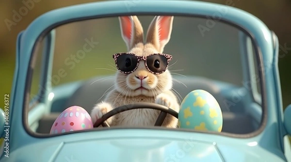 Fototapeta Easter bunny wearing a sunglass in a car