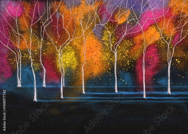 Obraz Bright colorful Night Autumn Nature landscape. Autumn trees with fallen leaves in dark. Artistic nature background. Watercolor painting on textured paper