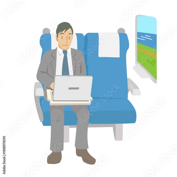 Obraz 新幹線の座席で報告書を作成するビジネスマン