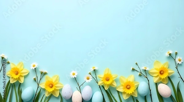 Fototapeta Easter Sunday spring background with yellow daffodils
