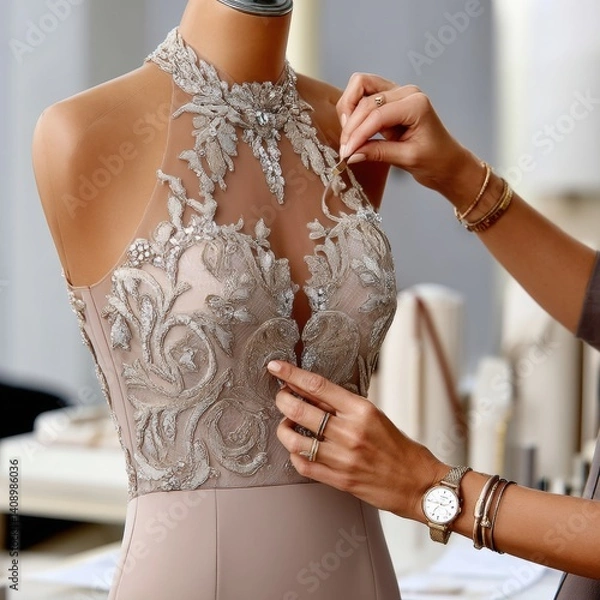 Obraz A close-up of a person adjusting an intricately designed dress on a mannequin, showcasing detailed embroidery and elegance in fashion design.