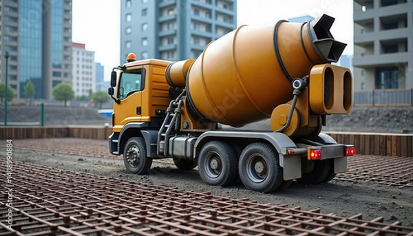 Fototapeta Construction site with a yellow concrete mixer truck. Ready for work in urban development and infrastructure.