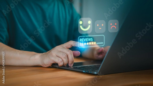 Fototapeta Customer gives a 5 star rating on a digital review system using a laptop. Business service of customer satisfaction, review, positive user experience, decision-making in an online feedback system.