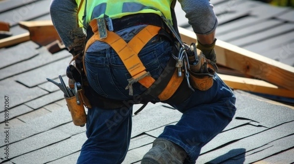Fototapeta A construction worker working on a rooftop with safety gear. Featuring focus and safety