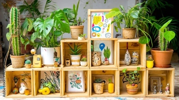 Obraz Wooden crates hold plants, artwork, & trinkets displayed outdoors. Green leaves abound in this creative still life